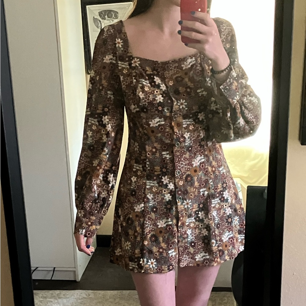 Faux Vintage Corduroy Floral Print Button Down Dress
